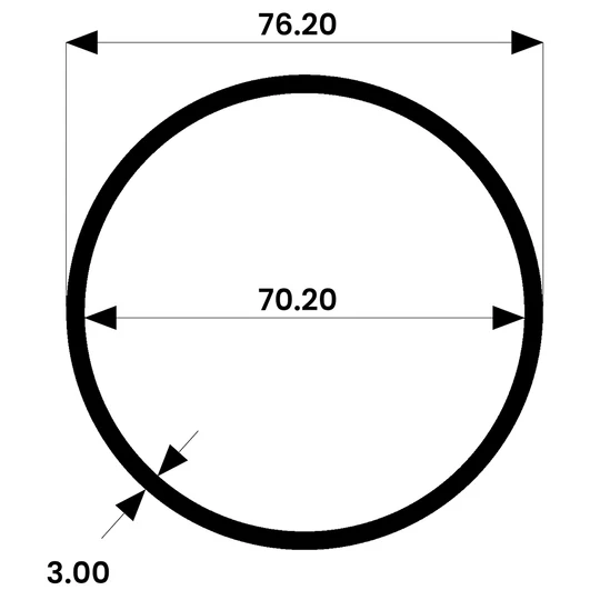 Technical diagram of a circular ring showing outer diameter 76.20, inner diameter 70.20, and wall thickness 3.00.