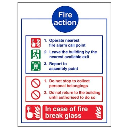 Fire Action In Case Of Fire Break Glass sign Ref fan12 Safety