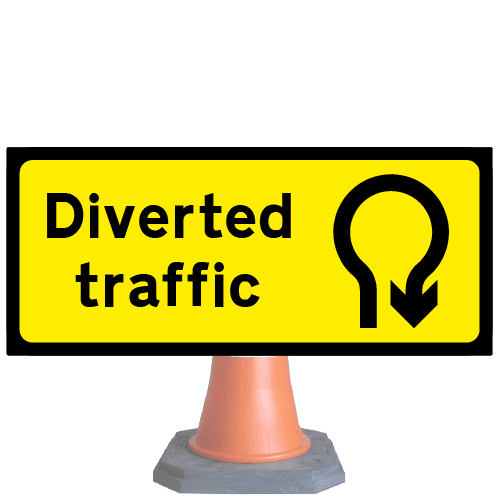 Diverted-traffic-u-turn-ahead-Diag-2703v3-cone-sign-med – Safety Sign Warehouse