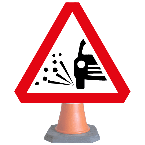 Loose-chippings-on-road-ahead-Diag-7009-cone-sign-med – Safety Sign Warehouse