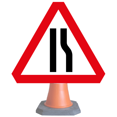 Road-narrows-on-right-ahead-Diag-517v1-cone-sign-med – Safety Sign Warehouse