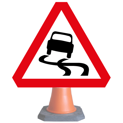 Slippery-road-ahead-Diag-557-cone-sign-med – Safety Sign Warehouse