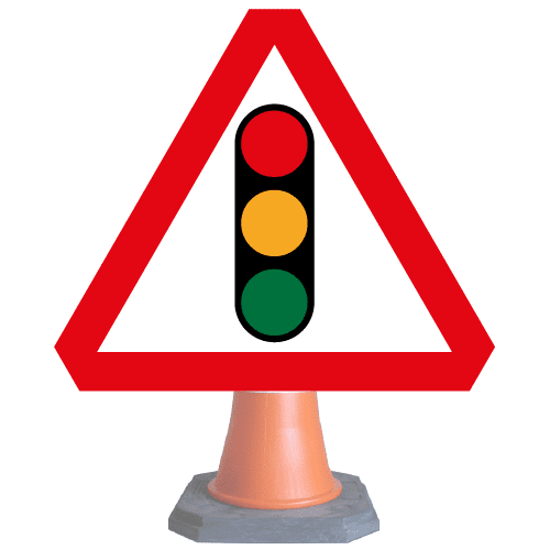 Traffic-lights-ahead-Diag-543-cone-sign-med – Safety Sign Warehouse