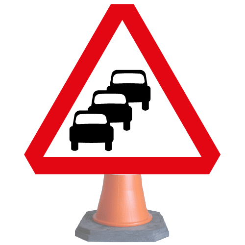 Traffic-queues-likely-on-road-ahead-Diag-584-cone-sign-med – Safety Sign Warehouse
