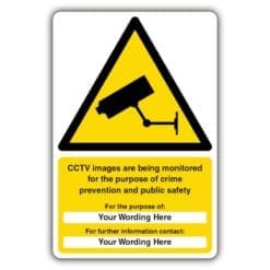 Warning sign with CCTV camera graphic; text states images are monitored for crime prevention and public safety, with contact lines.